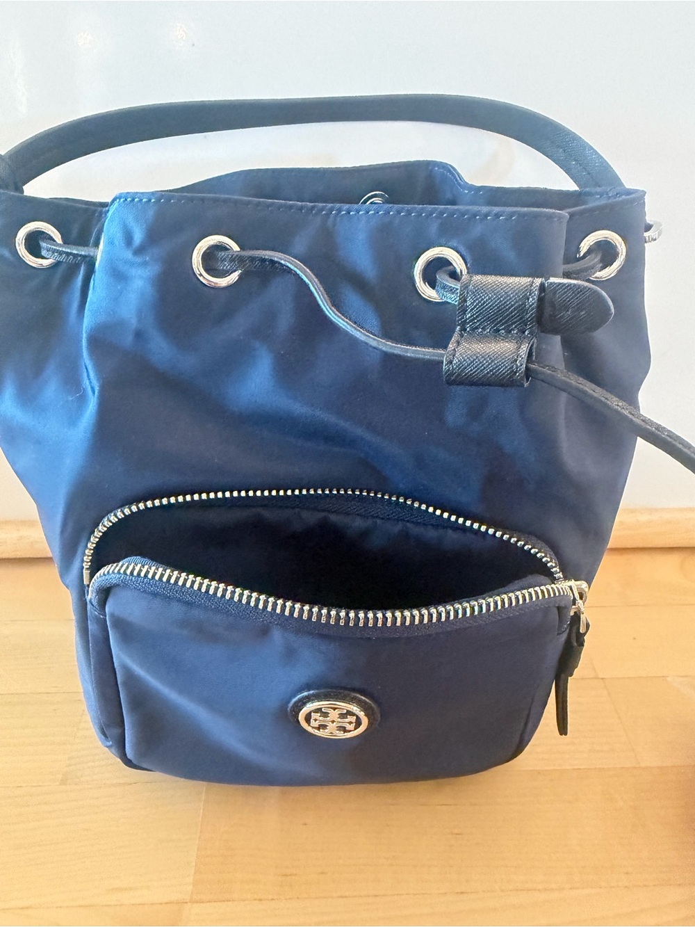 Tory Burch Navy Drawstring Nylon Bucket Shoulder Bag
